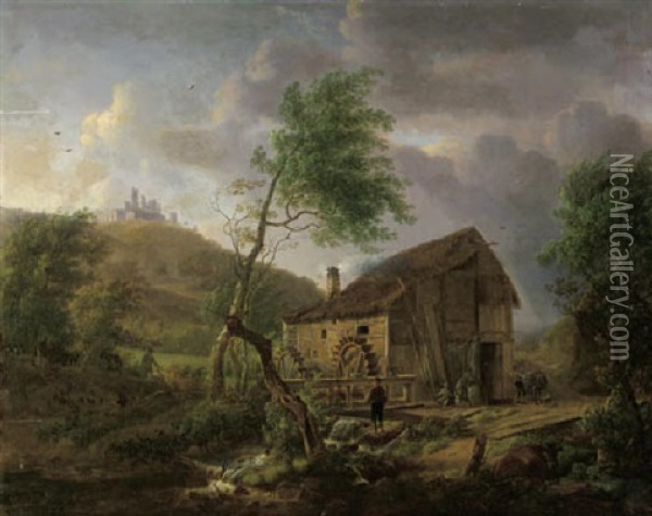 A Hilly Landscape With Travellers By A Watermill Oil Painting - Julien Joseph Ducorron