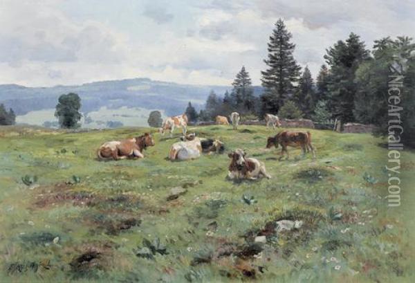 Sommerliche Wiesenlandschaft Mit Weidenden Kuhen. Oil Painting - Fritz Edouard Huguenin-Lassauguette