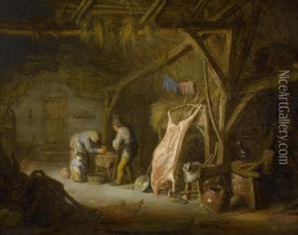 Peasant Family In A Barn. Oil Painting - Isaack Jansz. van Ostade