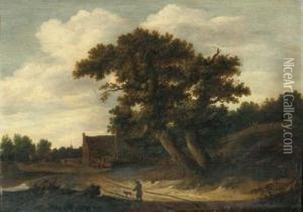 A Wooded Landscape With A 
Traveller And His Dog On A Track, A Village With Peasants Beyond Oil Painting - Salomon Rombouts