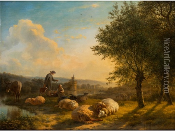 Abendliche Landschaft Mit Schafhirten, Schafen Und Esel Oil Painting - Balthasar Paul Ommeganck