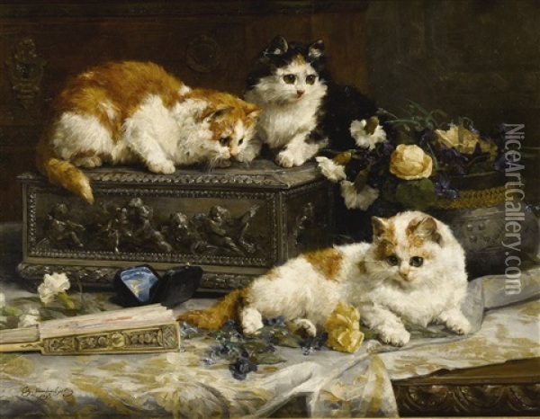 Three Watchful Kittens Oil Painting - Charles van den Eycken