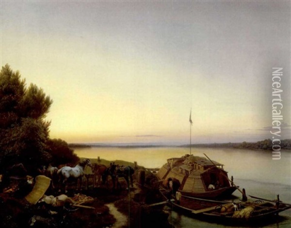 Nachtliche Rast Der Schiffer Mit Den Treidelpferden Mit Vor Anker Liegendem Boot Oil Painting - Johann Caspar Koeller