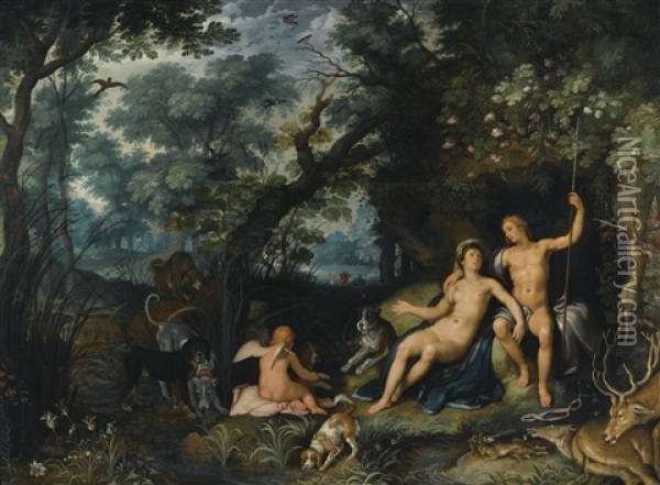 Venus And Adonis Resting In An Extensive Landscape, With Cupid And Hunting Dogs And Their Quarries Oil Painting - Cornelis Cornelisz Van Haarlem