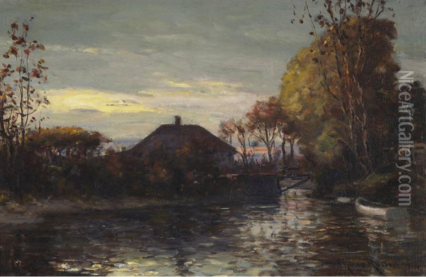 Home By The Water, Sunset Oil Painting - George Horne Russell