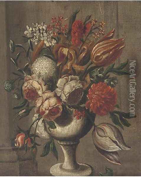 Roses, parrot tulips, chrysanthemums and other flowers in a vase on a ledge Oil Painting - Italian School