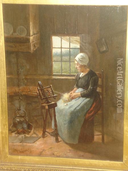 Interior With Maid At A Spinning Wheel Oil Painting - Joseph De Groot
