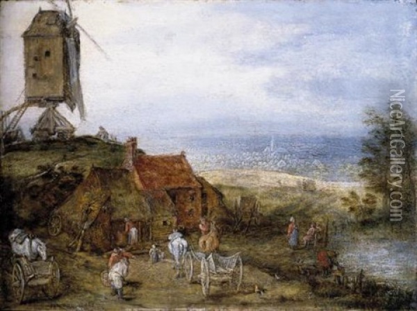 An Open Landscape With Figures, Horses And Carts Before A Cottage Overlooking A Pond, A Windmill On Higher Ground To The Left And A Church In The Distance Oil Painting - Jan Brueghel the Elder