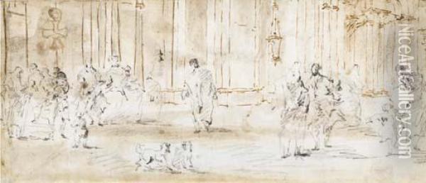 Personnages Dans Un Interieur Avec Colonnade Oil Painting - Francesco Guardi