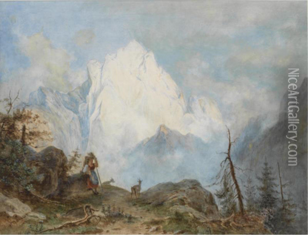 A Shepherdess In An Alpine Landscape Oil Painting - Jacob Gauermann