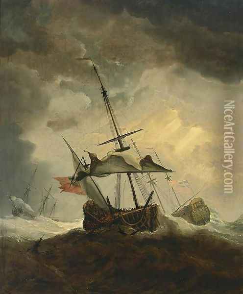 Small English Ship Dismasted In A Gale Oil Painting - Willem van de Velde the Younger