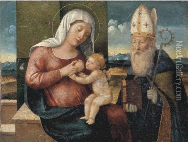 Madonna Con Bambino E Santo Vescovo Oil Painting - Girolamo da Santacroce