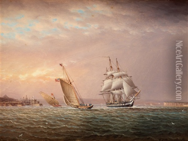 Amerikanska Skepp Pa Redden Oil Painting - James Edward Buttersworth
