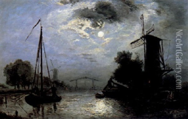 Riviere Sous La Lune, Hollande Oil Painting - Johan Barthold Jongkind