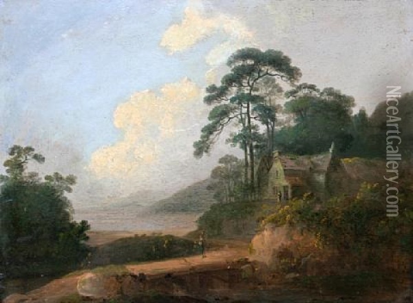 Wooded Coastal Scene With Traveler On A Path Before A House Oil Painting - John Rathbone