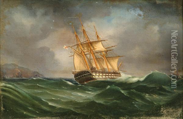 A Royal Navy '74'running Past A Rocky Coast In Heavy Seas Oil Painting - Sarah Huggins