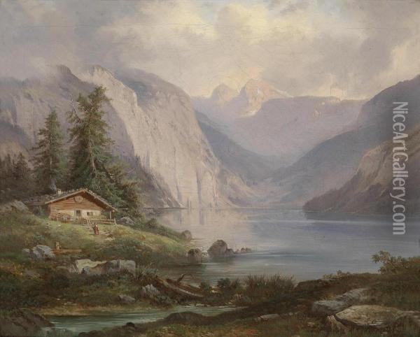 A Landscape With Lake Oil Painting - Gustav Barbarini
