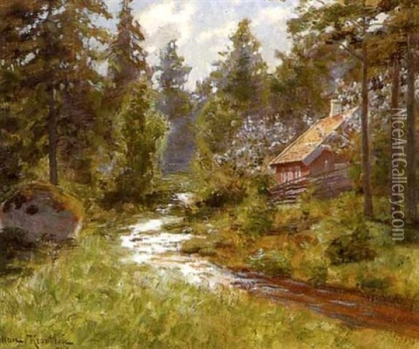 Rod Stuga Vid Skogsback Oil Painting - Johan Fredrik Krouthen