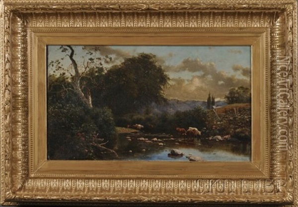 Cattle Watering At A Stream Oil Painting - George Lafayette Clough