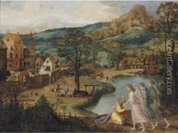 Landscape With Abraham And The Three Angels Oil Painting - Lucas van Valckenborch