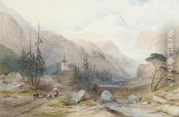 An Alpine Landscape With A Figure On A Trackwith Goats Oil Painting - Charles Frederick Buckley