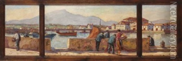 Scene De Port (triptych) Oil Painting - Louis Floutier