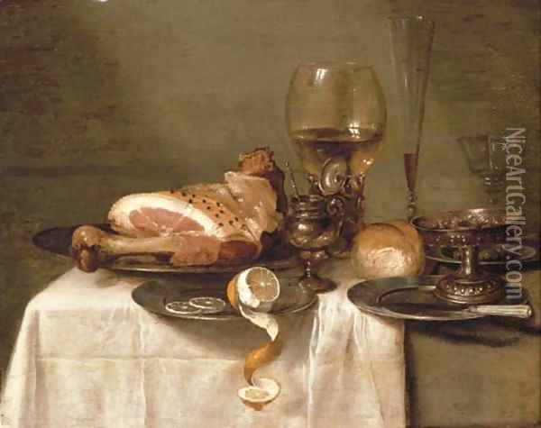 A ham on a pewter plate Oil Painting - Willem Claesz. Heda