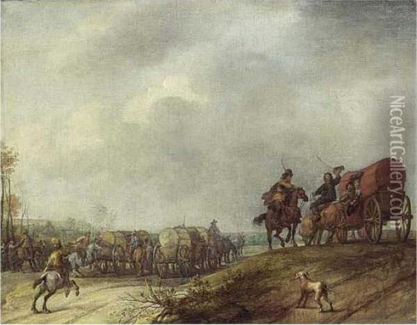 A Landscape With Cavalry And Horse-drawn Wagons, A Dog In The Foreground Oil Painting - Pieter Snayers