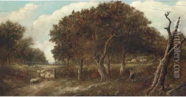 A Shepherd With His Flock In A Wooded Landscape Oil Painting - Joseph Thors