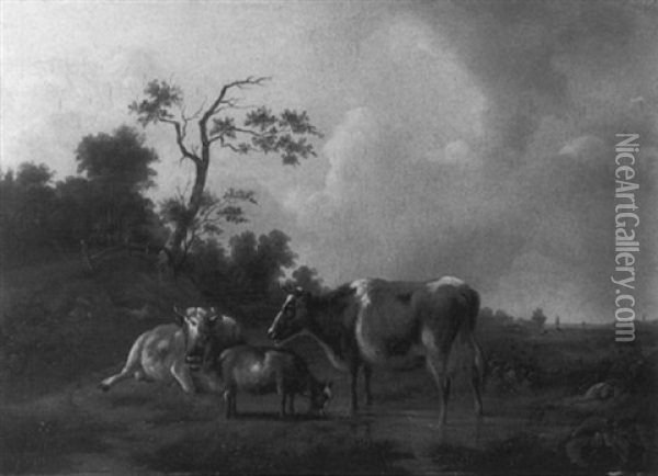 A Wooded Sloping Landscape With Resting Cows And A Goat By A Pond Oil Painting - Pieter Jan Guise