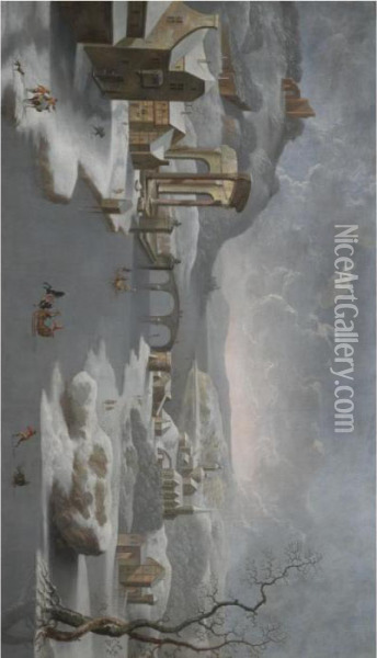 A Winter Landscape With Figures In Sleighs On A Frozen River Oil Painting - Joris Van Son