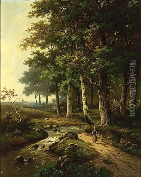 A Wooded Landscape With A Woman Travelling Near A Stream Oil Painting - Hendrik Pieter Koekkoek