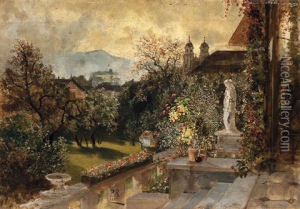 Terrasse Mit Blumengarten, Rechts Im Bildhintergrund Maria Plain(?) Oil Painting - Paul Reiffenstein