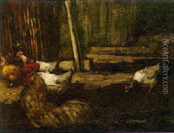Hens In A Farmyard Oil Painting - Horace Mann Livens