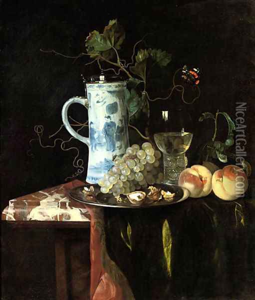 A Chinese transitional blue and white silver-mounted tankard, grapes and walnuts on a silver plate, a 'roemer' with white wine and two peaches on a pa Oil Painting - Hendrik de Fromantiou