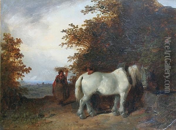 Horse And Figures On A Wooded Track Oil Painting - Thomas Smythe