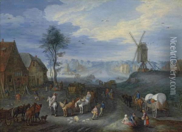 A Village With A Windmill Oil Painting - Joseph van Bredael