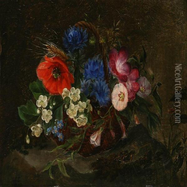 Colourful Flowers In A Basket Oil Painting - I.L. Jensen