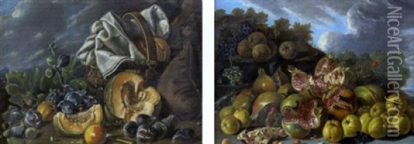 Nature Mortes De Fruits Sur Fond De Paysage (+ Another; Pair) Oil Painting - Luis Melendez