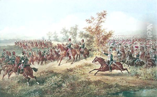 11th Hussars And 17th Lancers On Manoeuvres Oil Painting - Orlando Norie