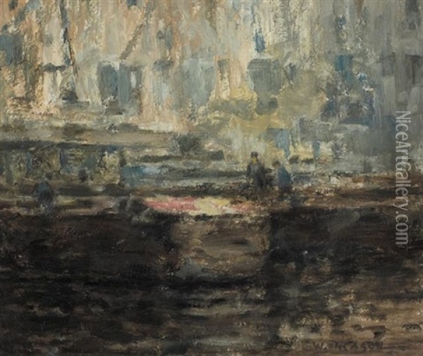 Figures In A Boat Yard Oil Painting - William Mason
