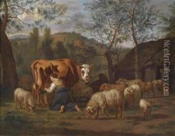 A Maid Milking A Cow And Goats Outside A Shed Oil Painting - Adrian Van De Velde