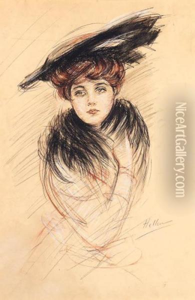 An Elegant Lady In A Dark Hat Oil Painting - Paul Cesar Helleu
