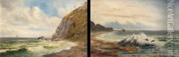 Punakauia Cliffs From Waitate Beach & Early Morning On The Coast - A Pair Oil Painting - John Elder Moultray