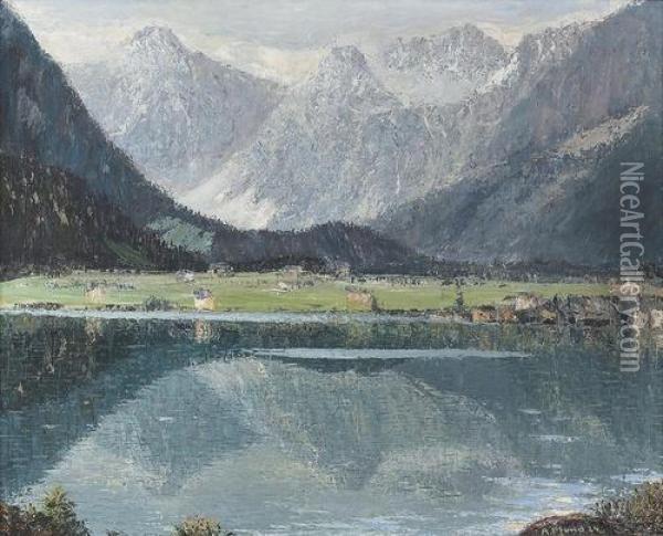Sommerliche Ansicht Eines Bergsees. Oil Painting - Alois Pfund
