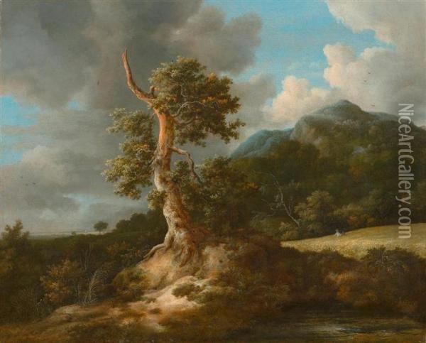 Mountainous Landscape With A Large Oak Before A Cornfield. Oil Painting - Jacob Van Ruisdael