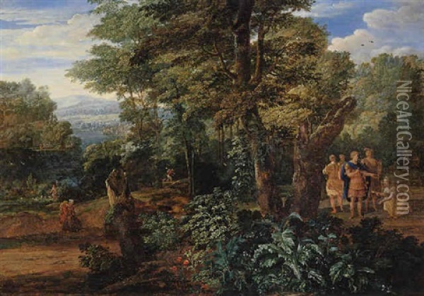 A Wooded River Landscape With Semiramis Receiving The Crown Of The King Of Assyria Oil Painting - Eglon Hendrik van der Neer