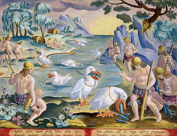 Semi-Naked Savages of India Using Pelicans to Catch Fish, plate 91 from Venationes Ferarum, Avium, Piscium Of Hunting Wild Beasts, Birds, Fish engraved by Jan Collaert 1566-1628 published by Phillipus Gallaeus of Amsterdam Oil Painting - Giovanni Stradano