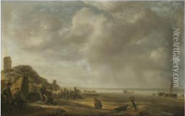 A Beach Scene On The North Sea Coast Of Holland, With Fishermen Displaying Their Catch Oil Painting - Simon De Vlieger