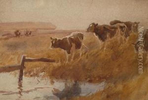 Cows By A River. Oil Painting - George Soper
